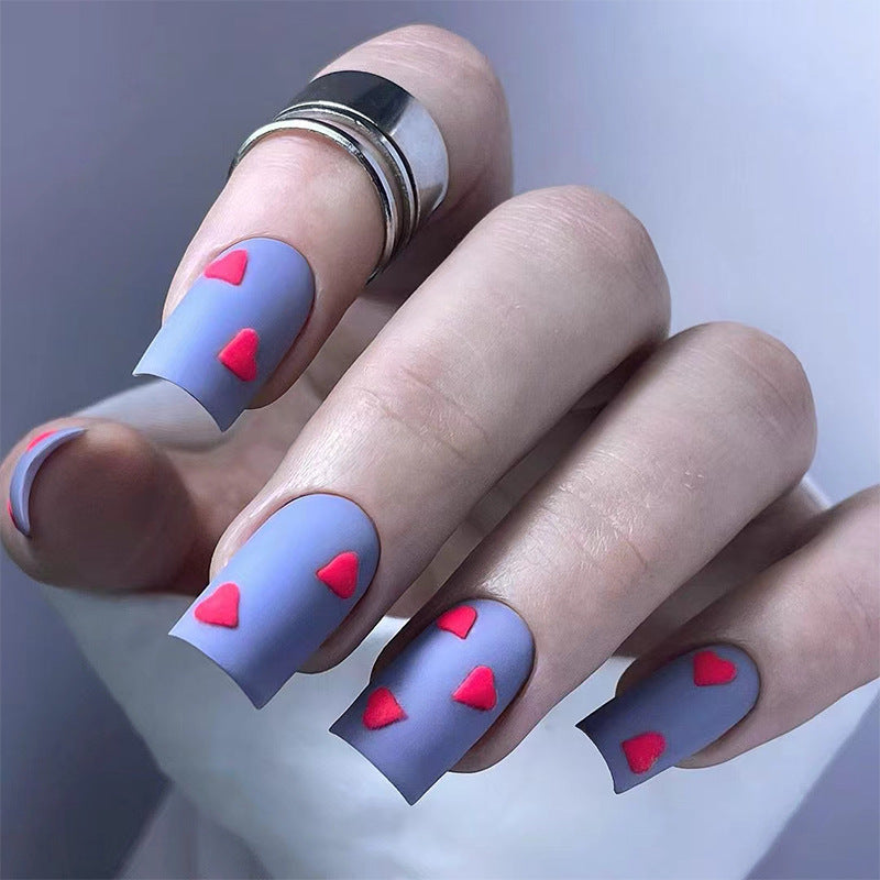 Romantic Heartbeat Medium Square Matte Purple Press On Nail Set with Red Heart Accents