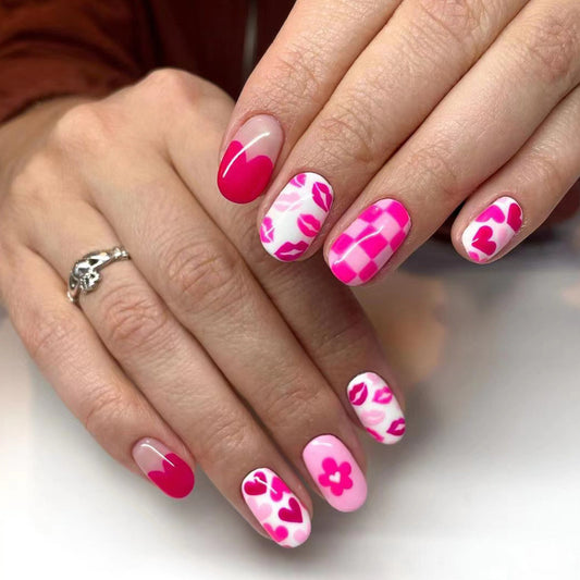 Romantic Vibes Short Oval Pink and White Press-On Nail Set with Fun Lip and Heart Designs