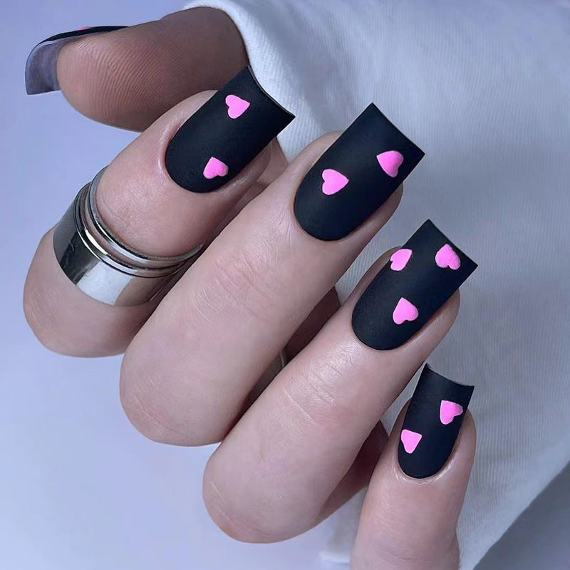 Charming Romance Matte Black Medium Square Press-On Nail Set with Heart Accents