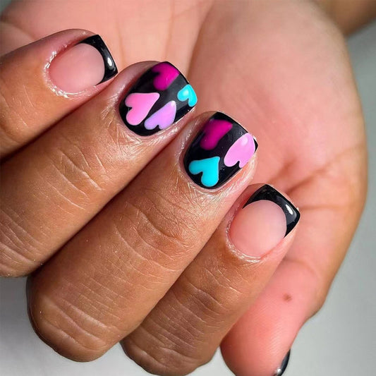 Heartfelt Charm Short Square Press-On Nail Set in Multicolored with Artistic Love Heart Design