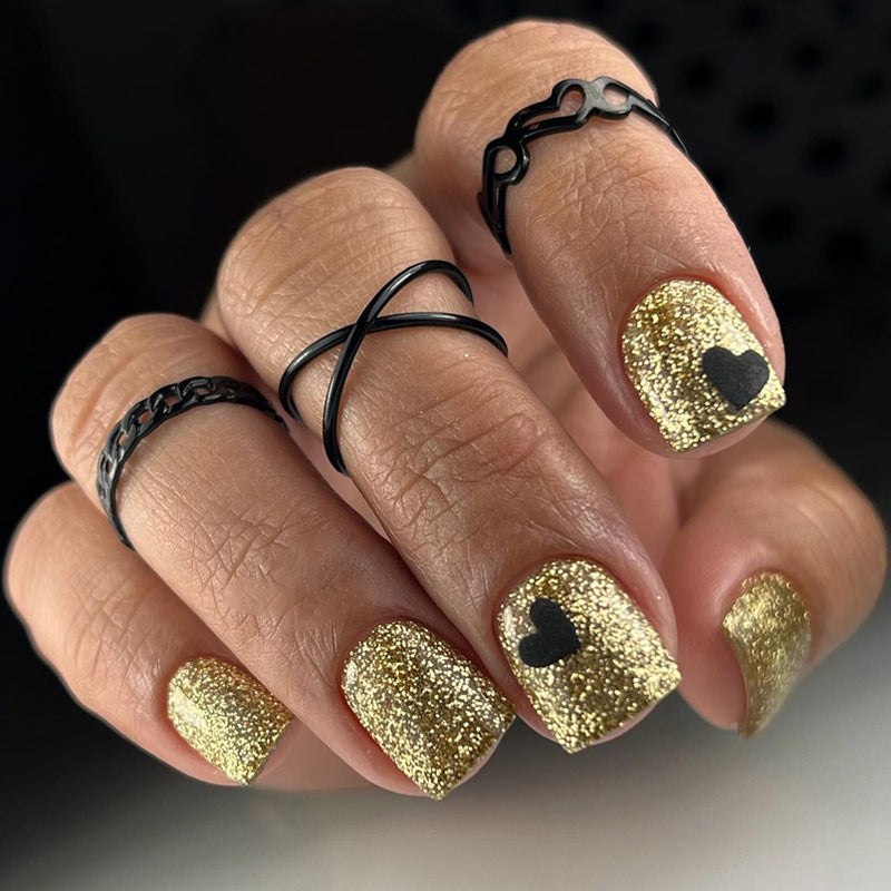 Glamorous Night Sparkle Short Square Gold Glitter Press On Nail Set with Heart Accents
