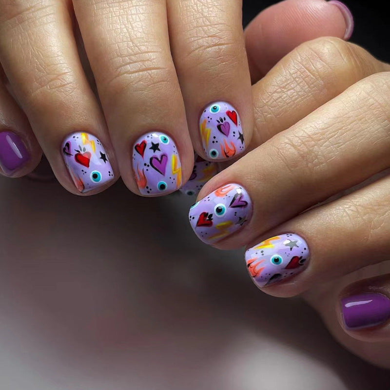 Vibrant Carnival Short Square Lavender Nail Set with Whimsical Colorful Patterns