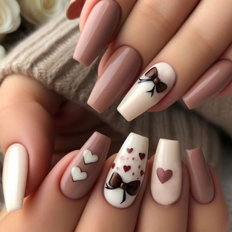 Romantic Charm Medium Coffin Shaped Beige and White Nail Set with Bow and Heart Designs