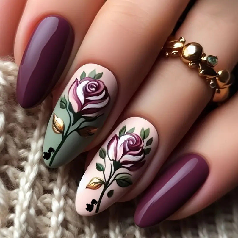 Floral Elegance Medium Almond Shaped Burgundy and Green Press-On Nail Set with Artistic Rose Design