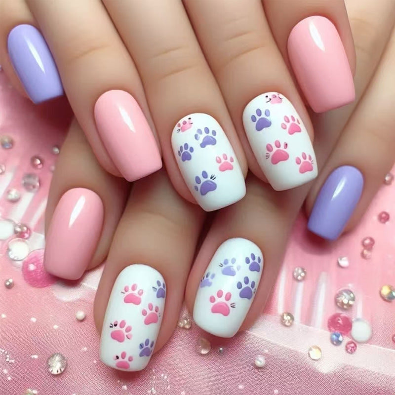 Pawfectly Adorable Medium Square Pastel Pink and Purple Press On Nail Set with Charming Paw Print Design