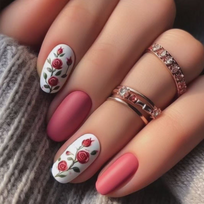Romantic Garden Medium Oval Red and White Floral Matte Finish Press on Nail Set