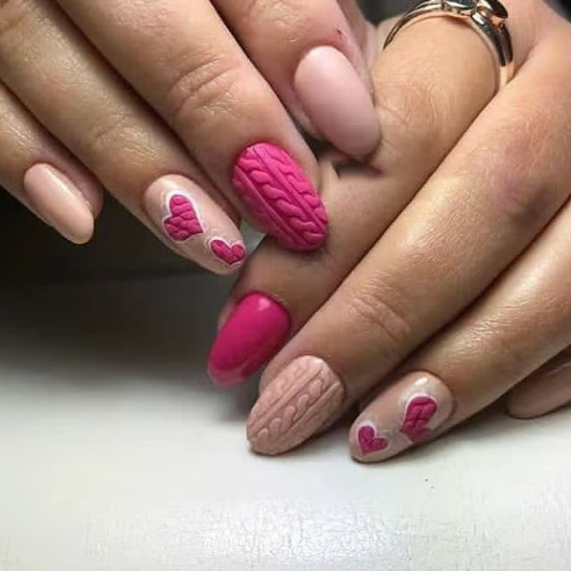 Charming Romance Press on Nail Set Short Round Soft Pink and Bold Magenta with Unique Cable Knit Texture and Sweet Heart Details
