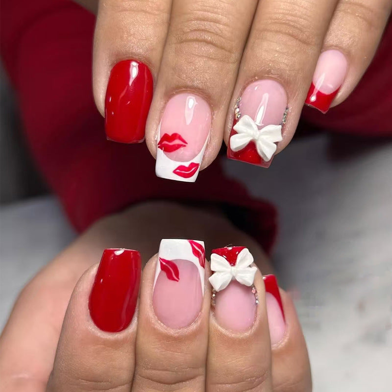 Romantic Kiss Inspired Medium Square Red and Pink Press on Nail Set with Charming Bow and Lip Print Design