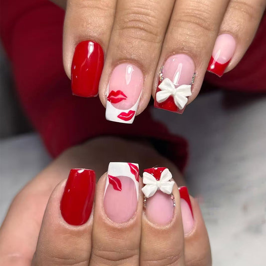 Romantic Kiss Inspired Medium Square Red and Pink Press on Nail Set with Charming Bow and Lip Print Design