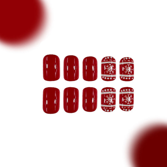 Festive Winter Wonderland Short Square Red Press On Nail Set with Snowflake Design