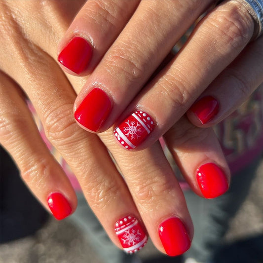 Festive Cheer Short Square Red Press On Nail Set with Winter Wonderland Designs