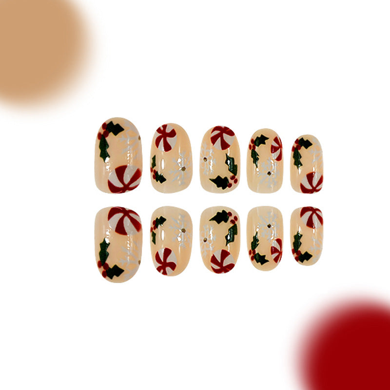 Festive Candy Cane Holiday Press On Nail Set Short Almond Beige with Christmas Themed Decorations