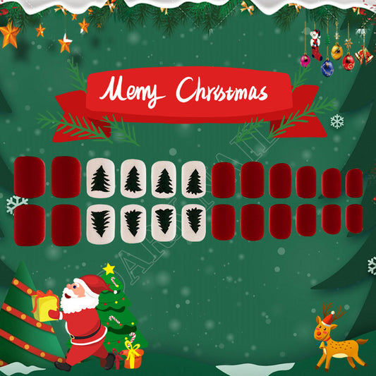 Festive Cheer Christmas Medium Oval Red and Cream Press On Nail Set with Elegant Pine Tree Designs