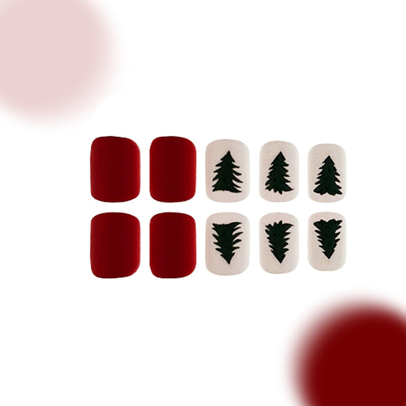 Winter Wonderland Medium Oval Red and Cream Press On Nail Set with Evergreen Tree Designs