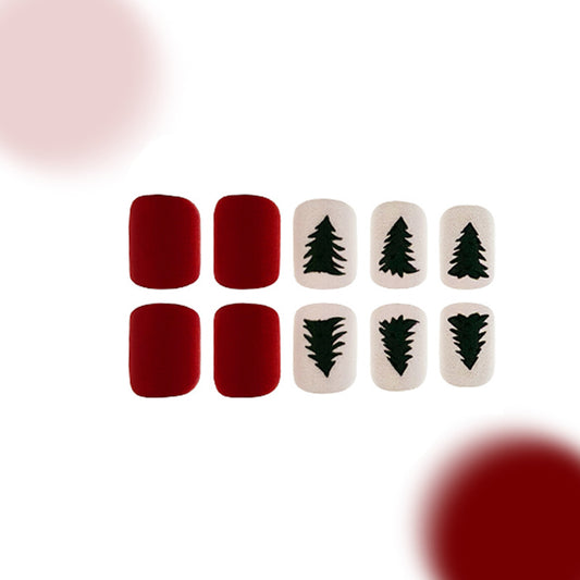 Winter Wonderland Medium Oval Red and Cream Press On Nail Set with Evergreen Tree Designs