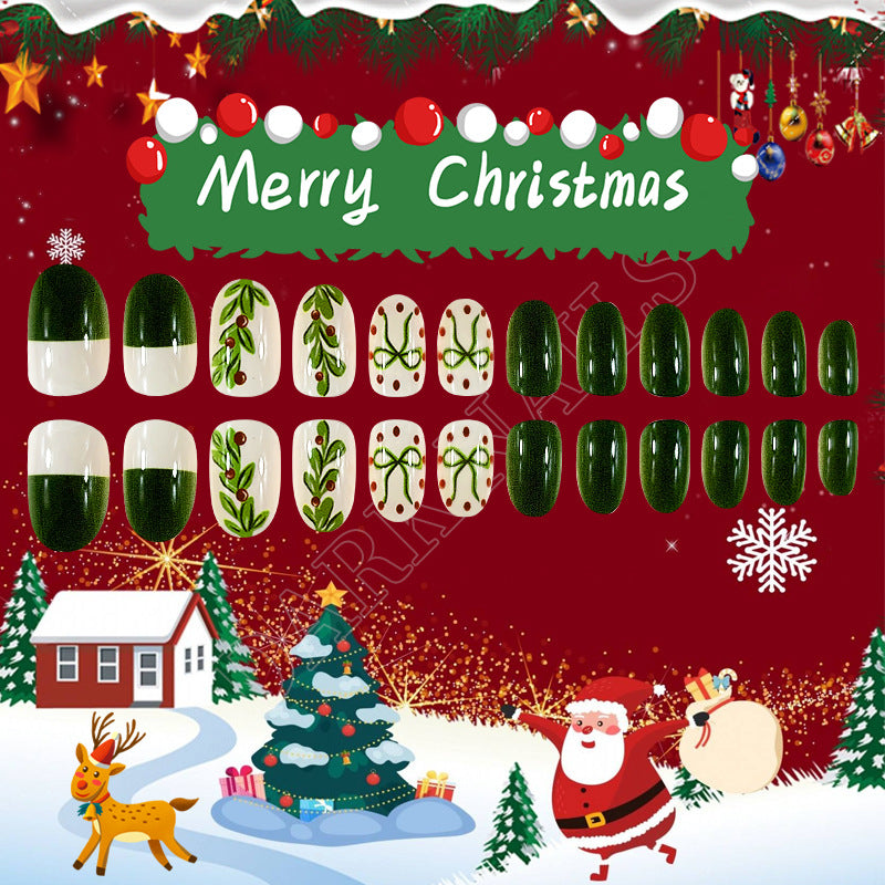 Festive Joy Medium Almond Green Press On Nail Set with Holiday Themed Designs