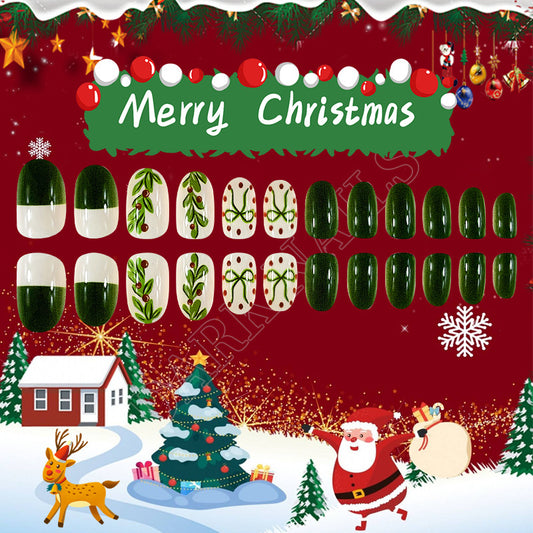 Festive Joy Medium Almond Green Press On Nail Set with Holiday Themed Designs