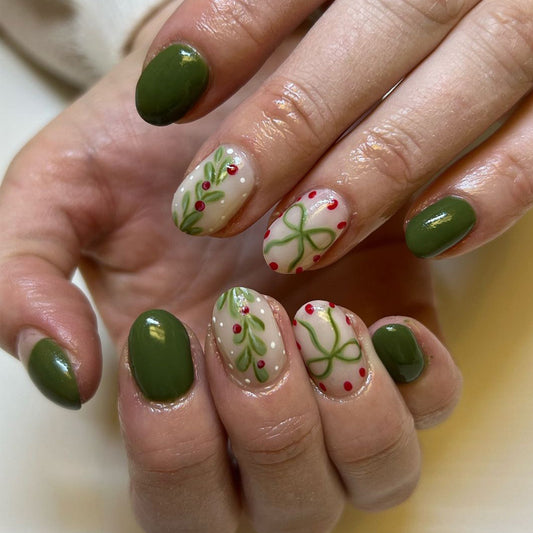 Festive Evergreen Medium Almond Green and Cream Press On Nail Set with Holiday Artwork