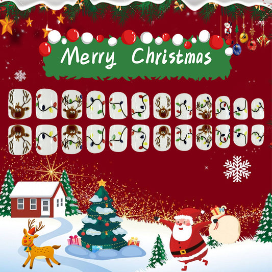 Festive Holiday Cheer Press On Nail Set Short Square White with Christmas Lights and Reindeer Design