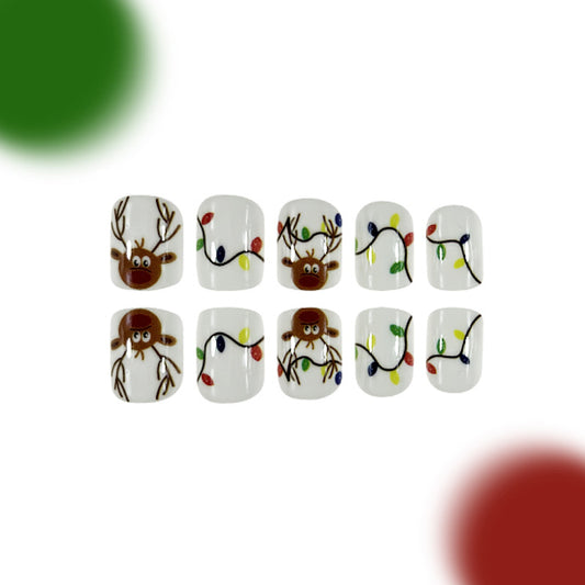 Festive Winter Wonderland Short Square White Press On Nail Set Featuring Colorful Reindeer and Christmas Lights Design