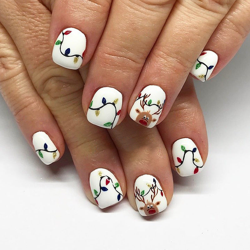 Festive Cheer Short Square White Press On Nail Set with Colorful Christmas Lights and Adorable Reindeer Design