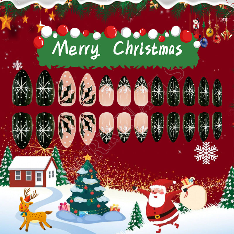 Festive Winter Wonderland Long Almond Black and Beige Press On Nail Set with Holiday Patterns and Sparkling Snowflakes