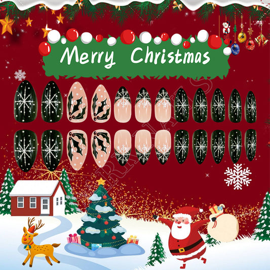 Festive Winter Wonderland Long Almond Black and Beige Press On Nail Set with Holiday Patterns and Sparkling Snowflakes