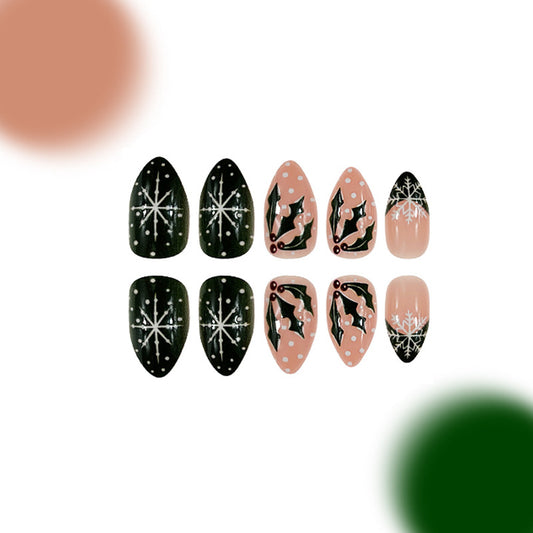 Festive Winter Wonderland Long Almond Green and Pink Press On Nail Set with Snowflake and Holly Designs