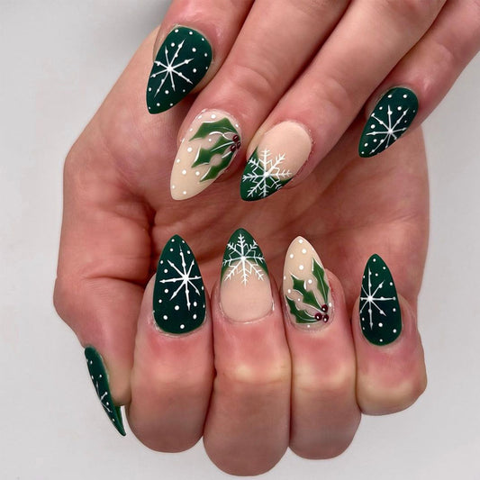 Winter Wonderland Extra Long Almond Green and Beige Press On Nail Set with Snowflakes and Holly Design