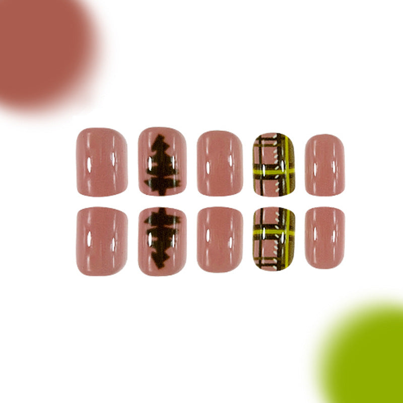 Chic Autumn Vibes Short Square Beige Press On Nail Set with Trendy Geometric Patterns