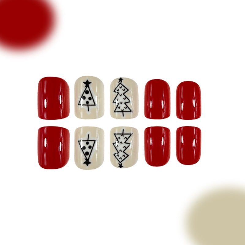 Holiday Cheer Short Square Red and Cream Press On Nail Set with Festive Christmas Tree Designs