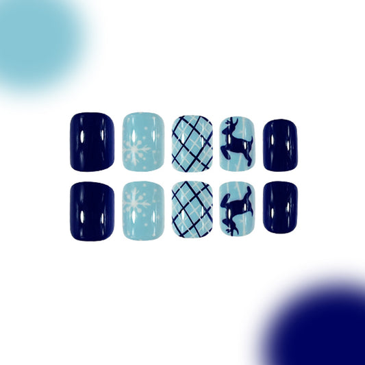 Winter Wonderland Square Press On Nail Set Medium Blue and Light Blue with Snowflake and Reindeer Designs
