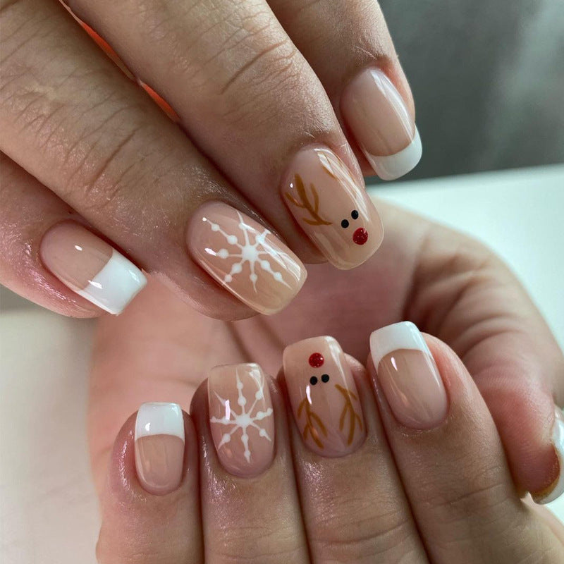 Holiday Cheer Medium Square Beige French Tip Press On Nail Set with Snowflakes and Reindeer Design