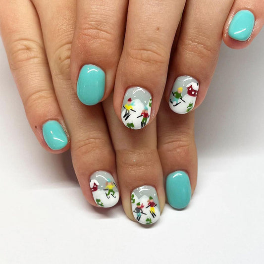 Whimsical Garden Press On Nail Set Short Oval Mint Green with Charming Floral Artistry