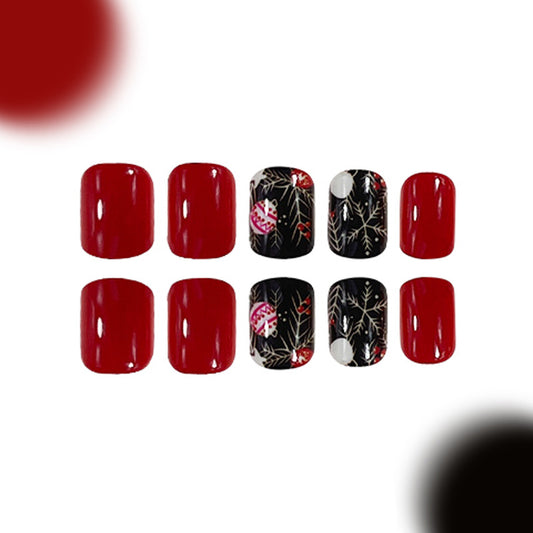 Winter Wonderland Short Square Red and Black Press On Nail Set with Festive Snowman Design