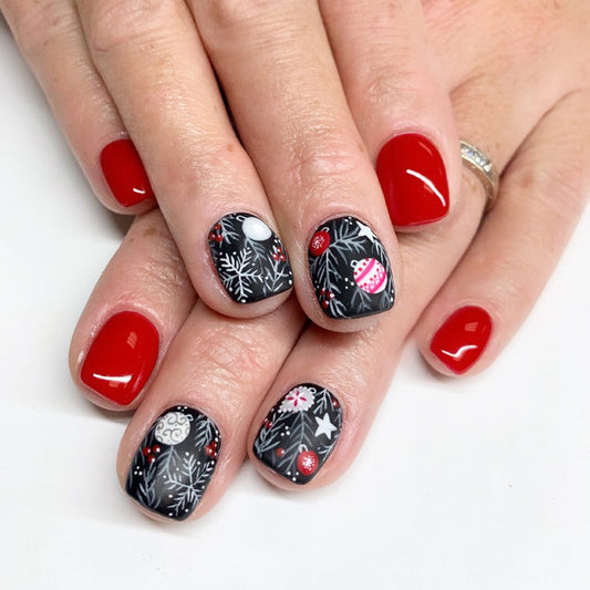 Festive Winter Wonderland Square Red and Black Press On Short Nail Set with Holiday Ornament Designs