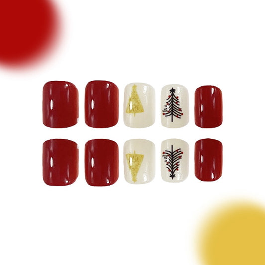 Festive Winter Wonderland Short Oval Red and Cream Press On Nail Set with Christmas Tree and Pine Tree Designs