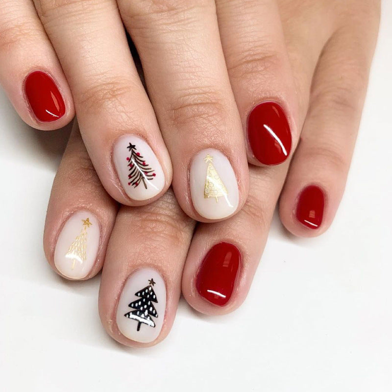 Festive Winter Wonderland Oval Press On Nail Set Short Red and White with Christmas Tree Designs