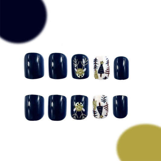 Winter Wonderland Short Square Dark Blue Press On Nail Set with Festive Forest and Reindeer Designs
