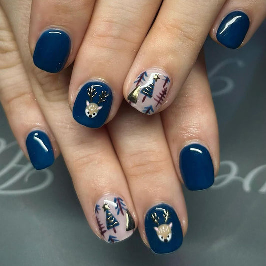 Winter Wonderland Square Short Dark Blue Press On Nail Set with Reindeer and Pine Tree Designs