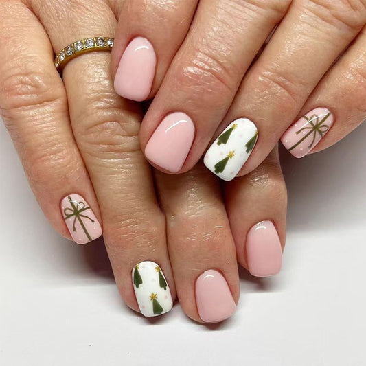Festive Elegance Medium Square Pink and White Press On Nail Set with Green Christmas Tree and Gold Bow Designs