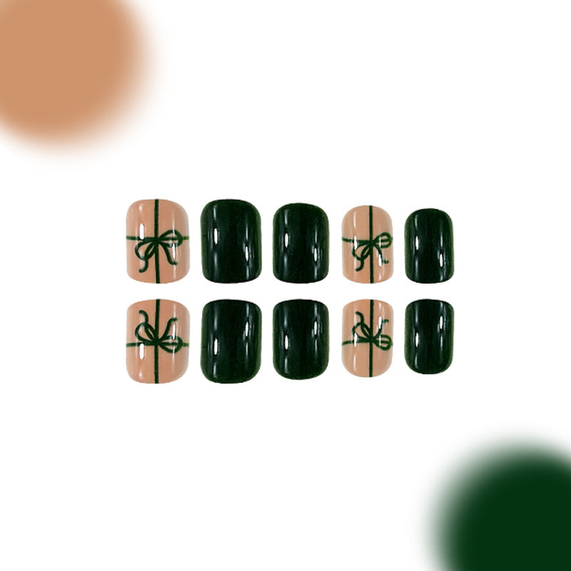 Gift Wrapped Elegance Medium Square Green and Beige Press On Nail Set with Bow Design