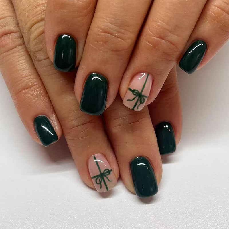 Festive Greenery Square Press On Medium Nail Set Short Dark Green with Bow Accent and Glossy Finish