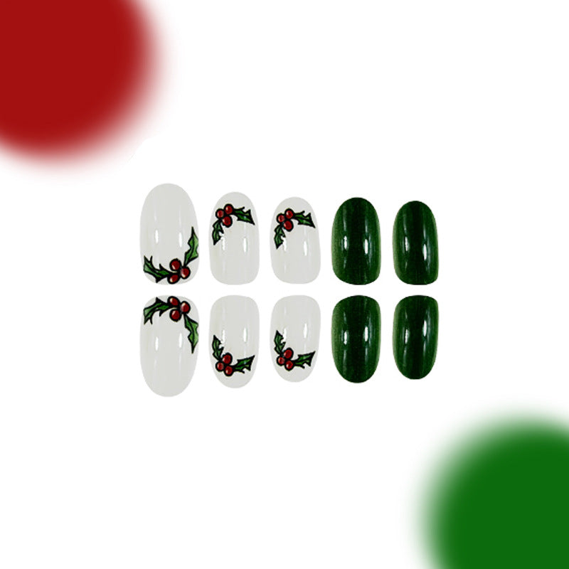 Holiday Bliss Medium Oval Red and Green Press On Nail Set with Holly Leaf Design