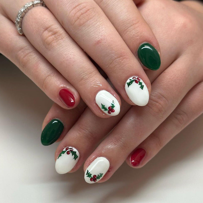 Festive Holiday Green Red and White Medium Oval Press On Nail Set with Elegant Holly Design