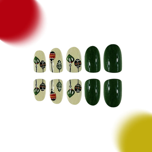 Festive Holiday Delight Short Oval Olive Green and Cream Press On Nail Set with Unique Ornament Artwork