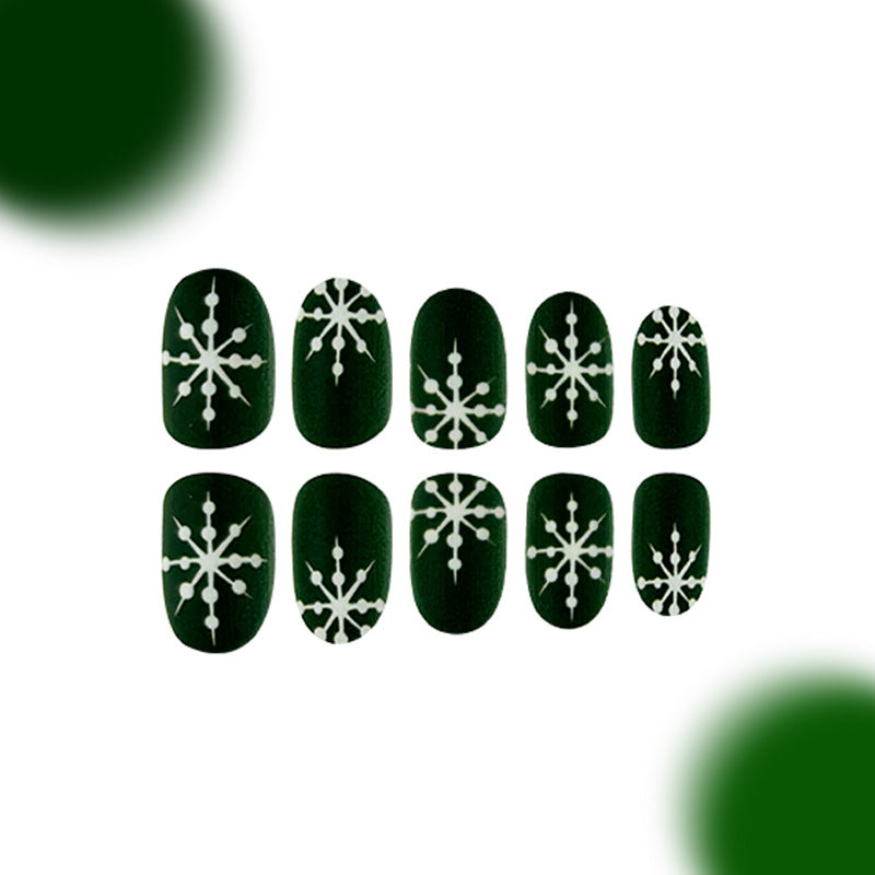 Winter Wonderland Press On Nail Set Medium Oval Deep Green with Snowflake Design