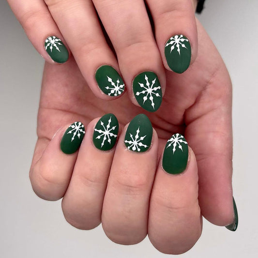 Winter Wonderland Oval Medium Green Press On Nail Set with White Snowflake Design