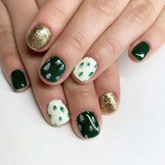Festive Forest Green Oval Press On Short Nail Set with Glitter Gold and Pine Tree Designs