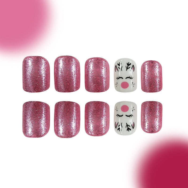 Festive Winter Wonderland Medium Oval Pink Glitter Press On Nail Set with Cute Reindeer Design